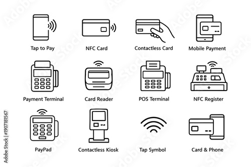 Contactless payment icons: tap to pay, nfc card, mobile payment, pos terminal, card reader