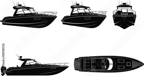 Motor yacht boat silhouettes luxury speedboat marine transport cad drawing flat vector illustration isolated black shapes collection nautical set