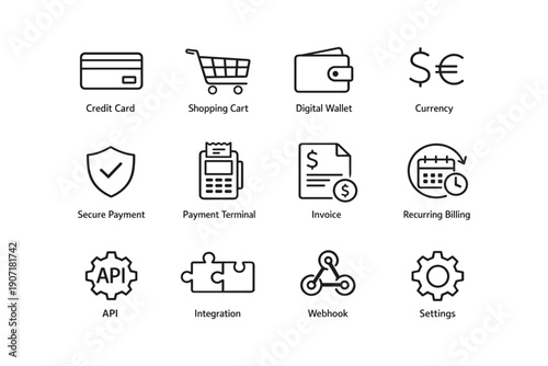 Digital payment and e-commerce icons: credit card, shopping cart, wallet, currency, secure payment