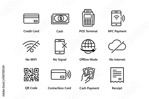Payment methods and connectivity icons: credit, cash, nfc, qr code, no internet