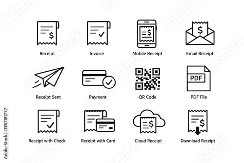 Icons of receipts and invoices: mobile, email, pdf, and payment methods