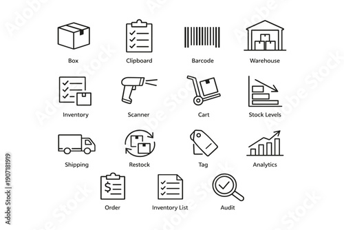 Warehouse management icons: box, clipboard, scanner, cart, shipping, inventory tools