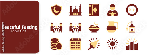 A comprehensive icon set illustrating various aspects of peaceful fasting including religious symbols, communal meals, spiritual observance, and related calendar elements for design projects.