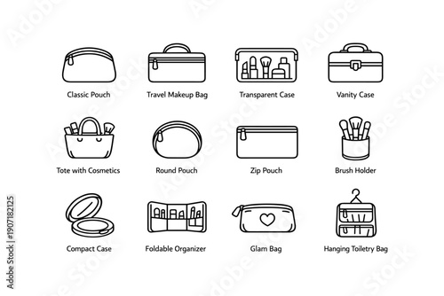 Collection of cosmetic and travel bag icons in black and white outline
