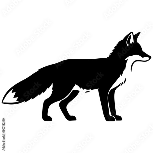 Black Fox Silhouette, Standing Profile View, Wild Animal Vector Art