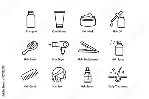 Hair care icons: shampoo, conditioner, styling tools, hair treatment