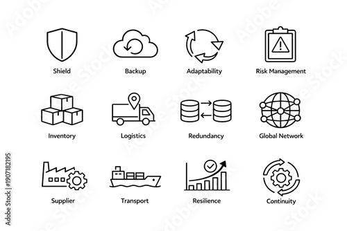 Icons highlighting shield, backup, adaptability, risk management, and logistics