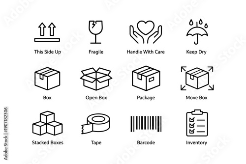 Shipping icons: fragile, handle with care, barcode, inventory, packaging symbols
