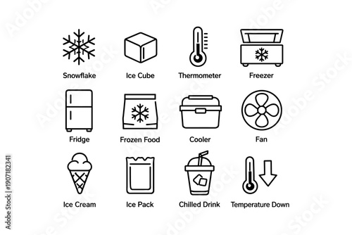 Icons of snowflake, ice cube, thermometer, freezer, fridge, and more cold items