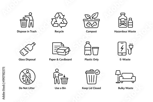 Set of waste management icons for recycling and disposal guidelines