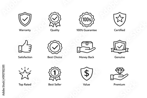 Set of 12 quality assurance icons including warranty, guarantee, satisfaction, genuine, and premium