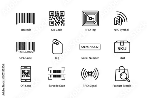 Barcode qr rfid nfc symbols: modern identification and tracking icons collection