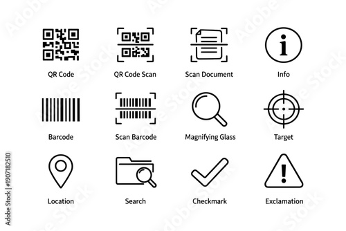 Qr code icons: scan, document, info, barcode, magnifying glass, target, location, search, checkmark, exclamation
