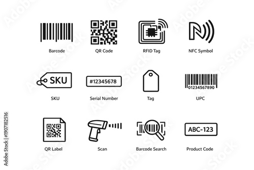 Barcode and qr code icons: rfid, nfc, sku, upc, product code symbols