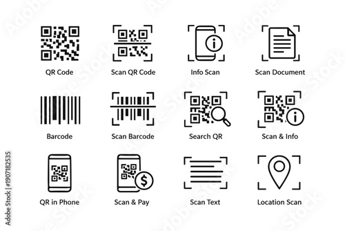 Qr and barcode scan icons: qr code, barcode, info, document, phone, location