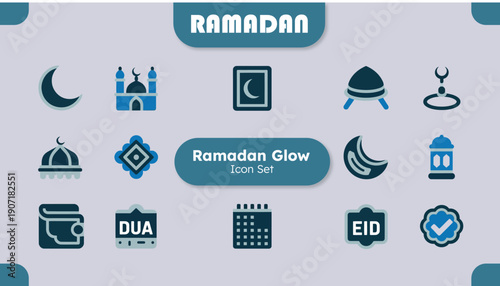 Collection of stylized dark blue and black icons representing various essential elements and symbols associated with the Islamic holy month of Ramadan and Eid celebrations۔