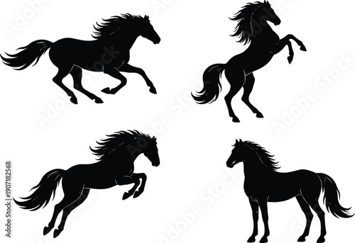 Dynamic horse silhouettes set showing running galloping and rearing stallions, elegant equine figures in motion, black vector illustration isolated on white background