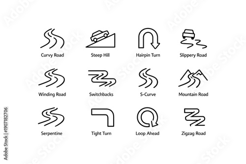 Road sign icons: curvy, steep, hairpin, slippery, winding, s-curve, mountain, serpentine, tight turn, loop, zigzag