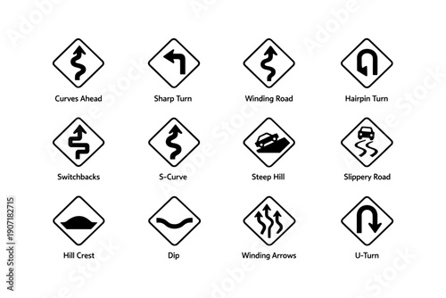 Traffic road sign collection: curves, turns, steep hill, slippery road warnings