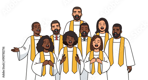 A diverse choir of adults enthusiastically singing in harmony, dressed in white robes with prominent yellow stoles, showing joy.