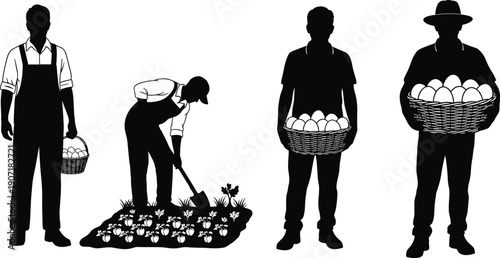Farmer silhouettes harvesting eggs and crops agriculture rural lifestyle cad drawing flat vector illustration isolated black shapes collection