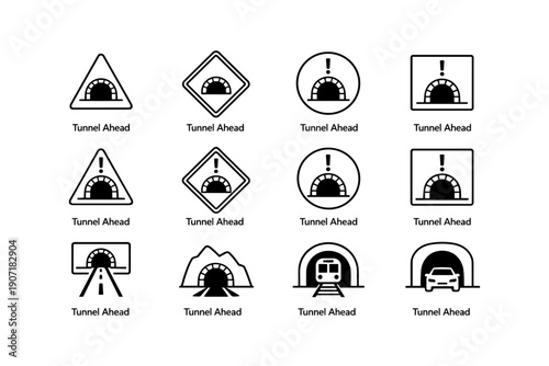 Tunnel ahead symbols: varied designs of road and railway safety signs