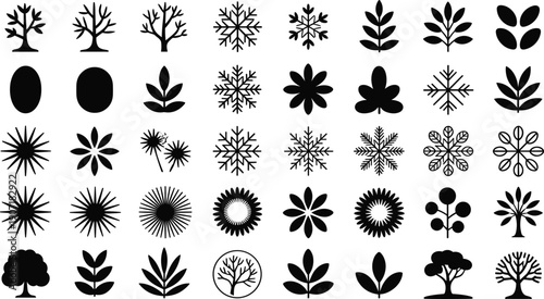 Black Nature and Weather Silhouette Collection Featuring Detailed Snowflake Icons Deciduous Trees Organic Leaf Shapes and Winter Symbols Isolated on White Background for Design Projects