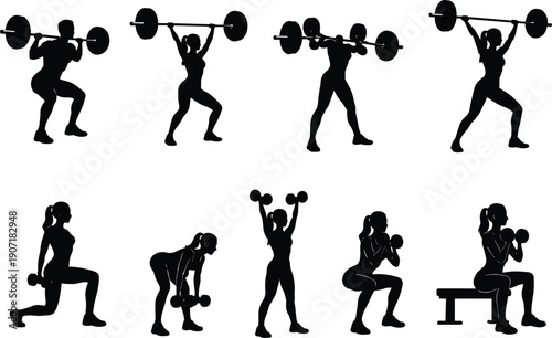 Fitness training silhouettes showing weightlifting exercises including squats lunges deadlifts and overhead presses, strong athletic women strength workout icons isolated on white background