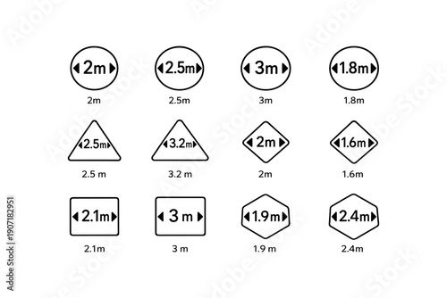 Various geometric road signs with distance measurements in black and white