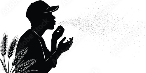 Farmer blowing wheat seeds agriculture concept cad drawing flat vector illustration isolated black silhouette rural farming background