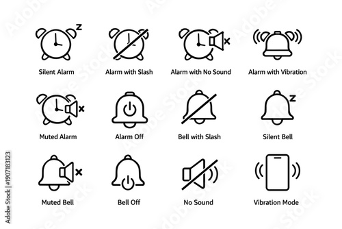 Alarm and notification icons: silent, muted, vibration, and off symbols