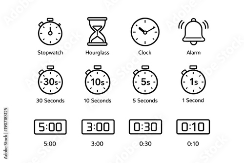 Time measurement icons: stopwatch, hourglass, clock, alarm, countdown timers