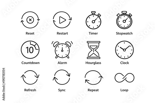 Time and action icons set: reset, timer, clock, alarm, hourglass, loop