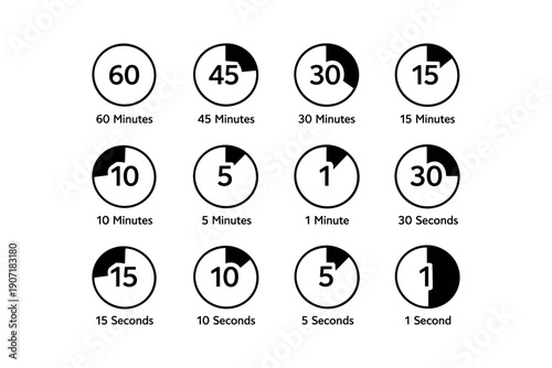 Minimalist countdown timer icons in black and white for time management