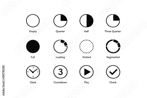 Collection of circular icons: loading, countdown, clock, and check symbols