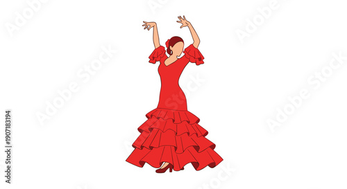 A faceless woman in a red tiered flamenco dress with ruffled sleeves dances with raised arms against a simple white background.