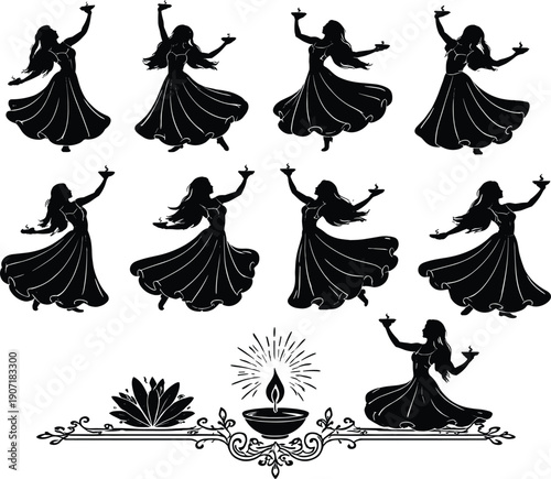 Indian classical dance silhouette set with traditional female dancer poses, decorative diya oil lamp, floral ornament, cultural festival illustration isolated on white background