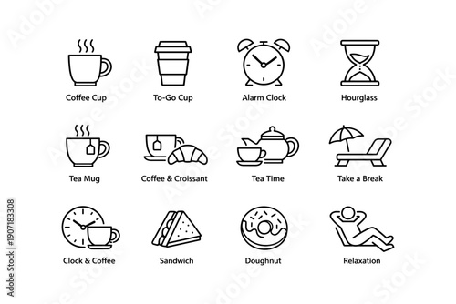 Icons of coffee, tea, timepieces, and relaxation with food symbols