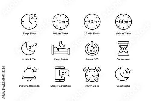 Minimalist sleep and timer icons for bedtime and relaxation themes