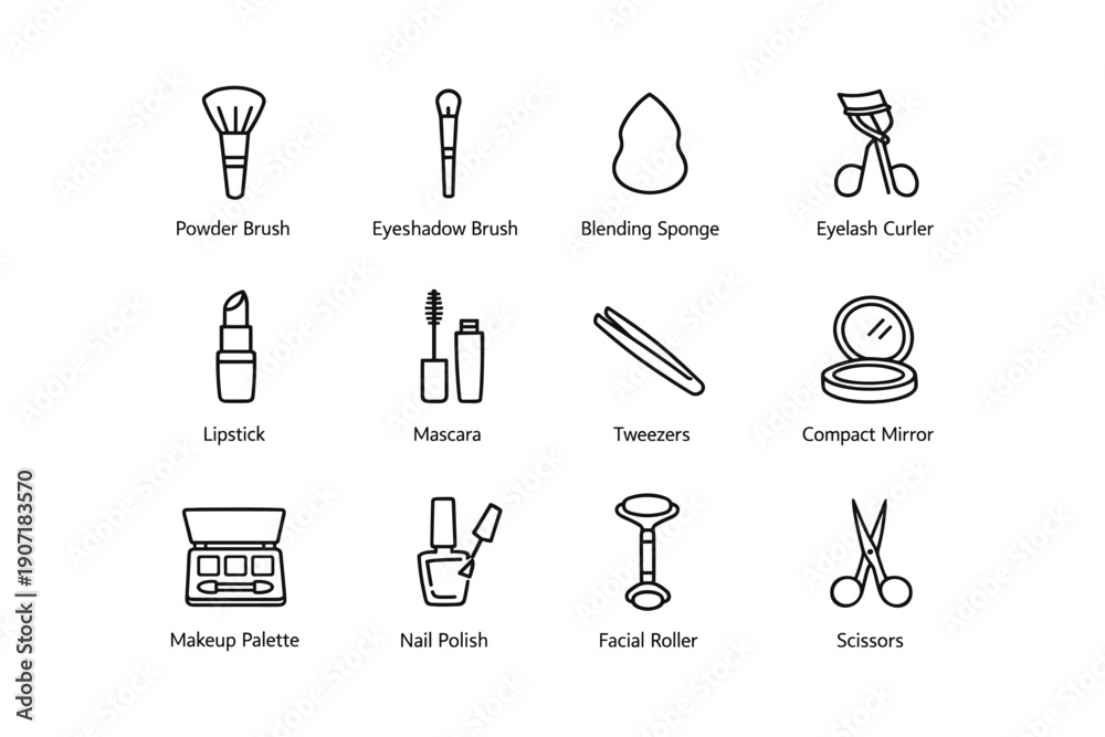 Obraz premium Essential makeup tools: brushes, eyelash curler, lipstick, and more
