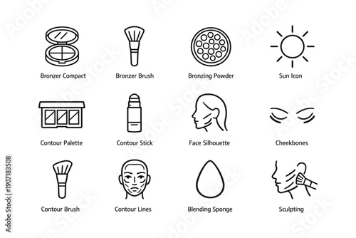 Makeup tools and icon set featuring brushes, contour, and sculpting elements