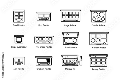 Variety of makeup palette icons including quad, duo, circular, and custom designs
