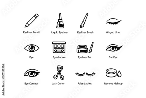 Eyeliner and makeup tools icons: pencil, liquid, brush, winged liner, cat eye