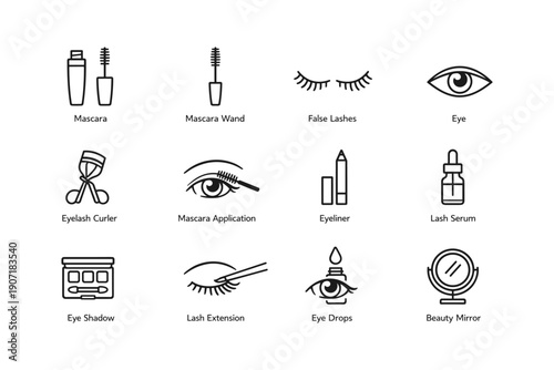 Makeup icon set: mascara, false lashes, eyeliner, eye shadow, beauty mirror