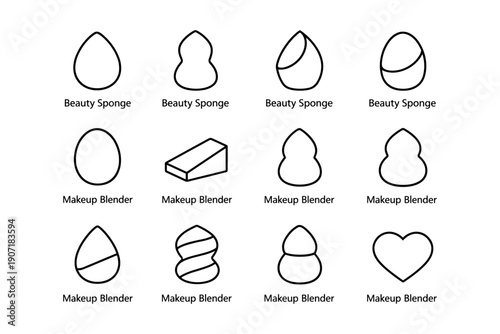 Variety of makeup blenders and beauty sponges in simple black outline design