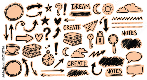 Cut out scrapbook Office and idea doodle icons set featuring hand drawn camera, books, lightbulb, compass, paper plane and arrows for business infographics, educational materials and vector.