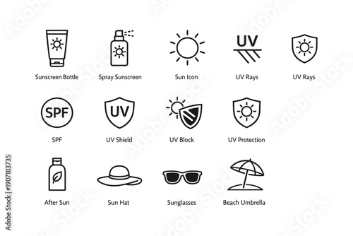 Sunscreen and uv protection icon set: sun, spf, spray, shield, sunglasses, hat