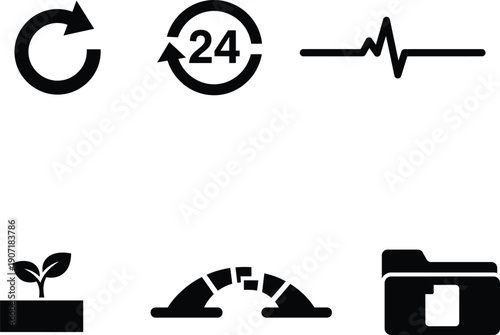 Black icons of refresh cycle twenty four hours heartbeat seedling growing loading camera