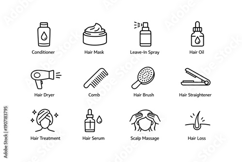Hair care icons: conditioner, hair mask, tools, treatments, hair loss prevention