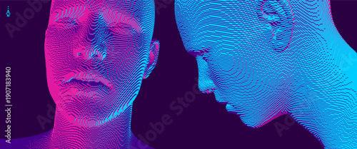 Abstract digital human head constructing from cubes. Minimalistic design for business presentations, flyers or posters. Technology and robotics concept. Voxel art. 3D vector illustration.